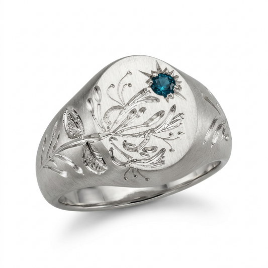 Hand engraved Honeysuckle signet ring in 940 Silver. Angled view. Engraved by Mier Theo