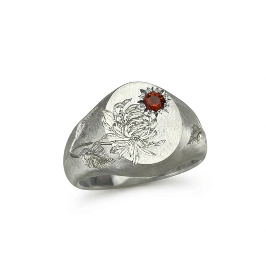 Hand engraved Chrysanthemum signet ring in 940 Silver. Angled view. Engraved by Mier Theo