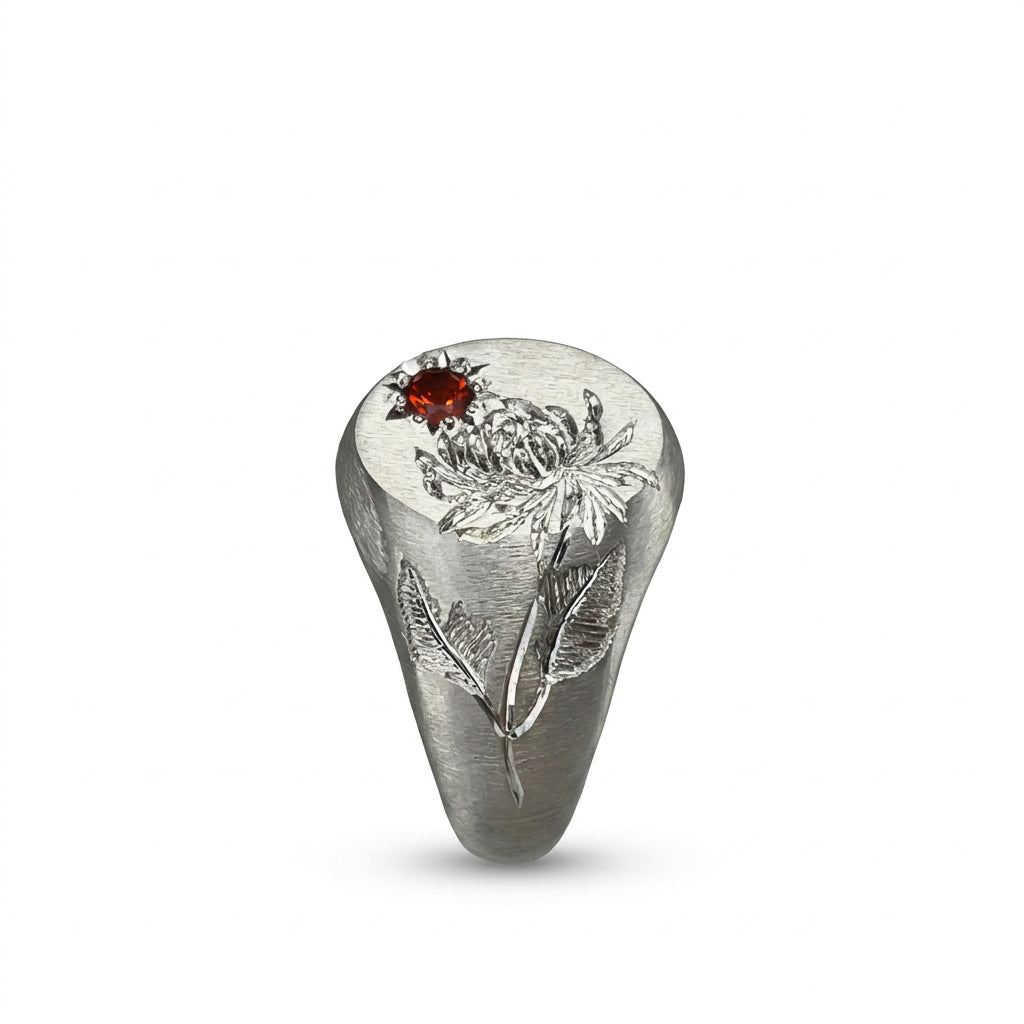 Hand engraved Chrysanthemum signet ring in 940 Silver. Left view by Mier Theo