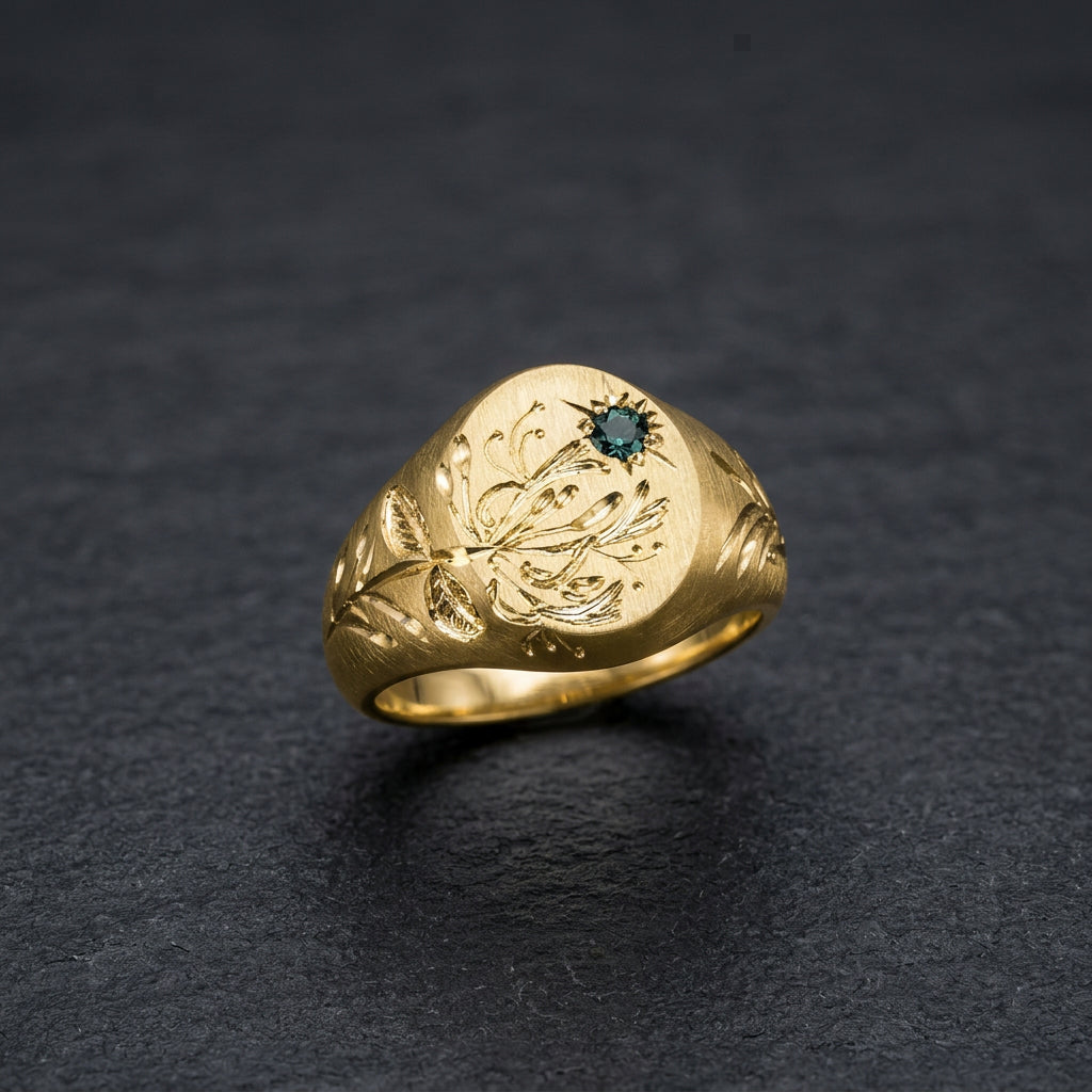 Hand engraved Honeysuckle signet ring in 18k gold on slate by Mier Theo