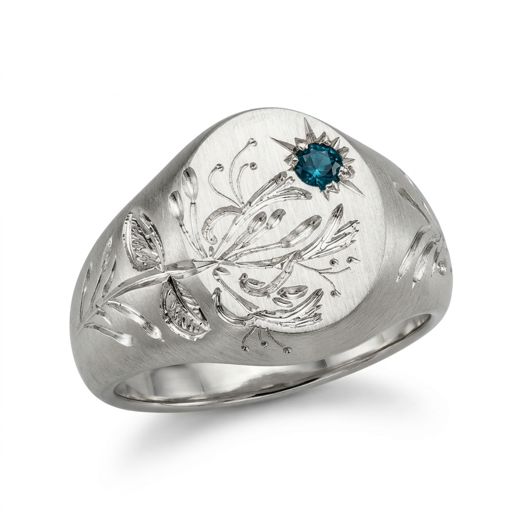 Hand engraved Honeysuckle signet ring in 940 Silver. Angled view. Engraved by Mier Theo