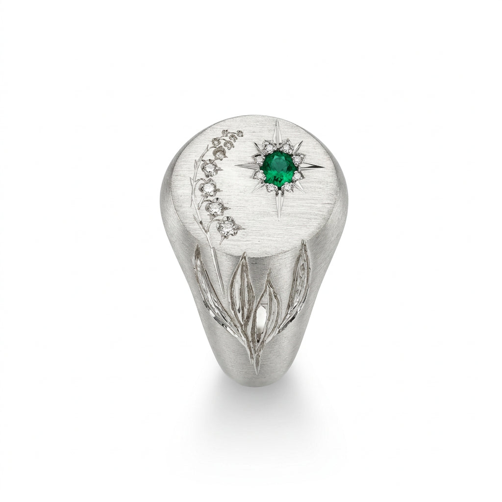 Hand engraved Lily of the Valley signet ring in 940 Silver. Left view by Mier Theo