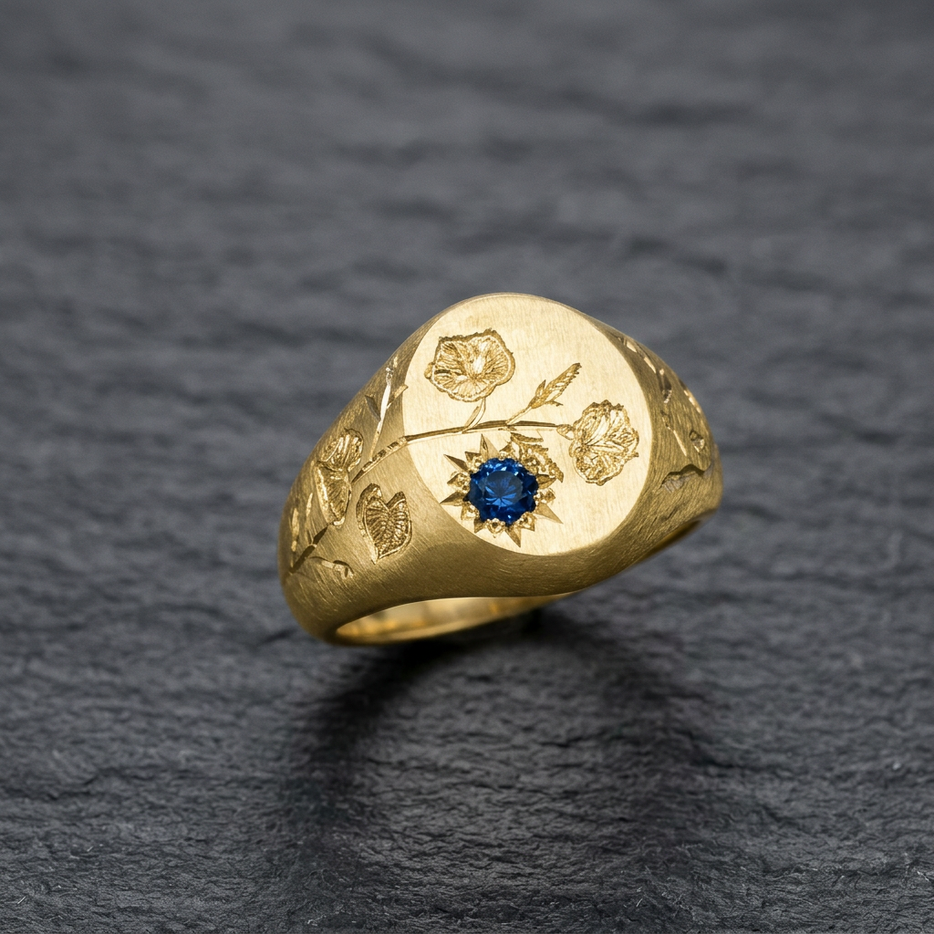 Hand engraved Morning Glory signet ring in 18k gold on slate by Mier Theo