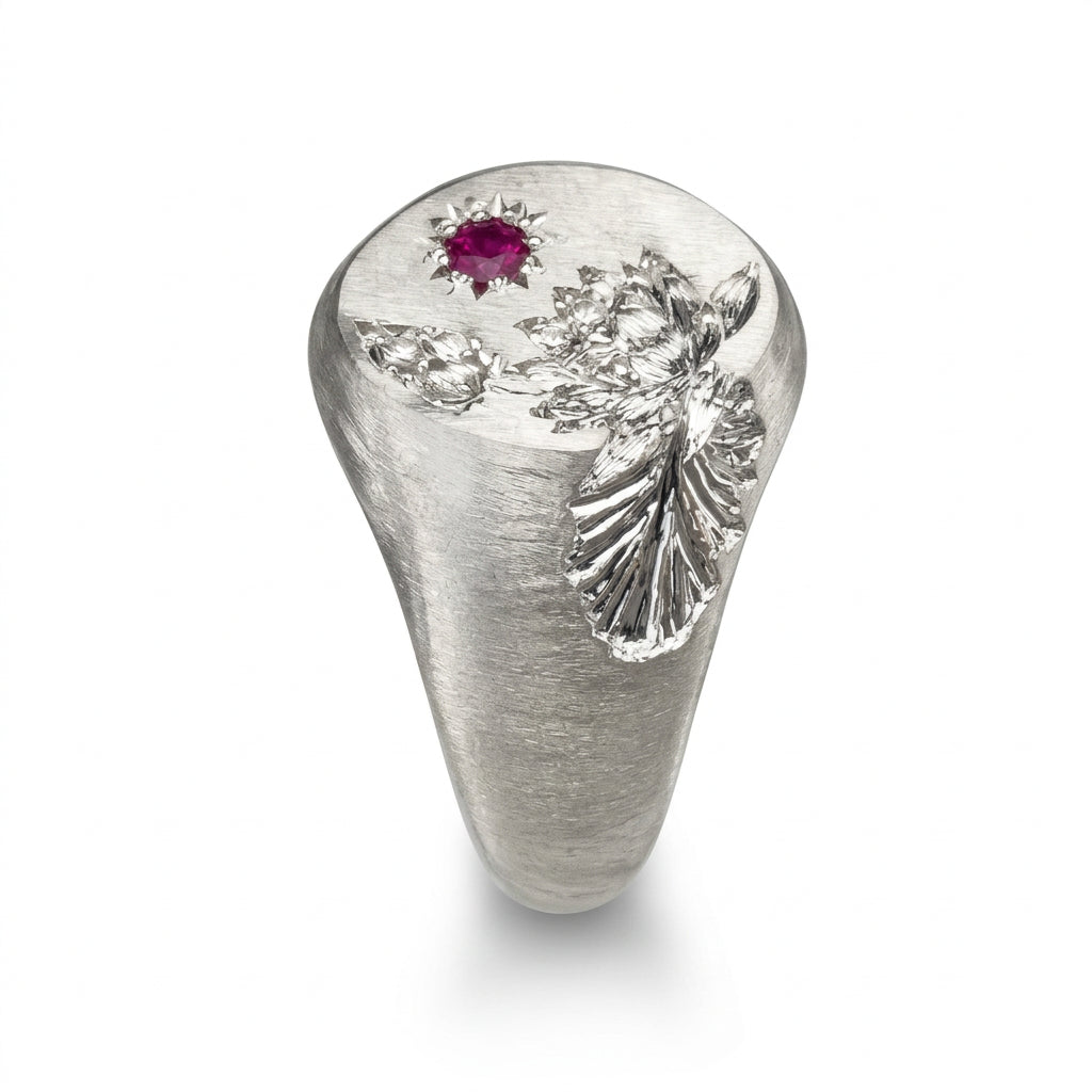 Hand engraved Water Lily signet ring in 940 Silver. Left view by Mier Theo